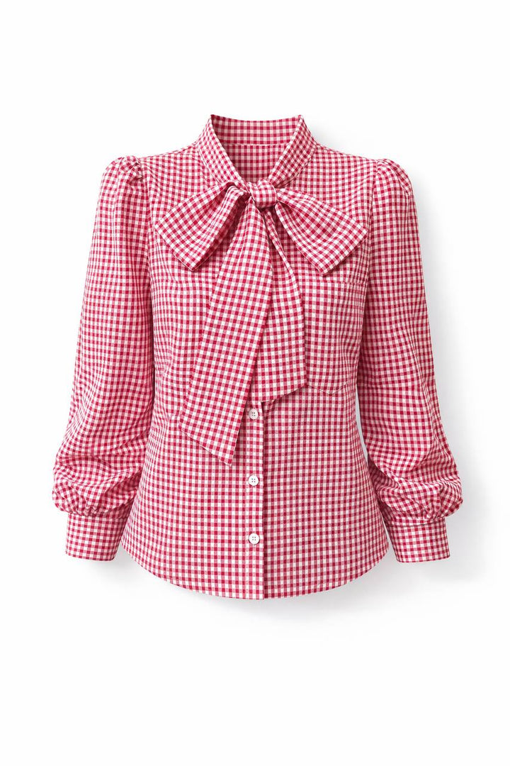 Gingham Bow Blouse – Long Sleeve Button Front Shirt