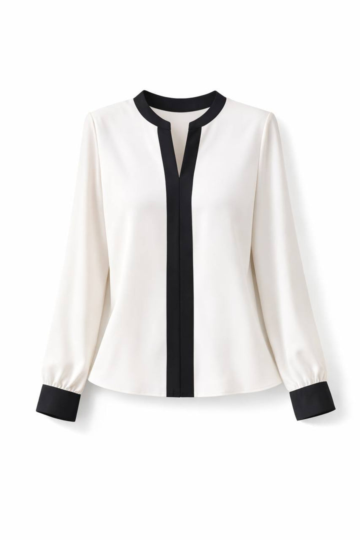 Elegant Contrast Trim Blouse – Long Sleeve V-Neck Shirt