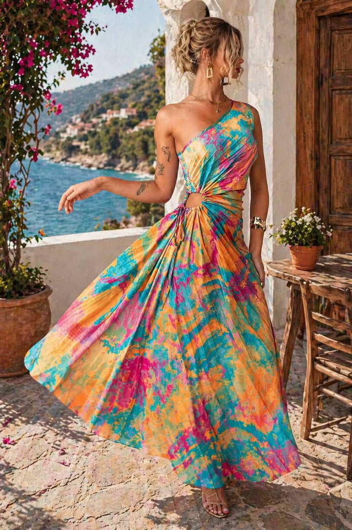 Women's One Shoulder Cut Out Printed Maxi Dress