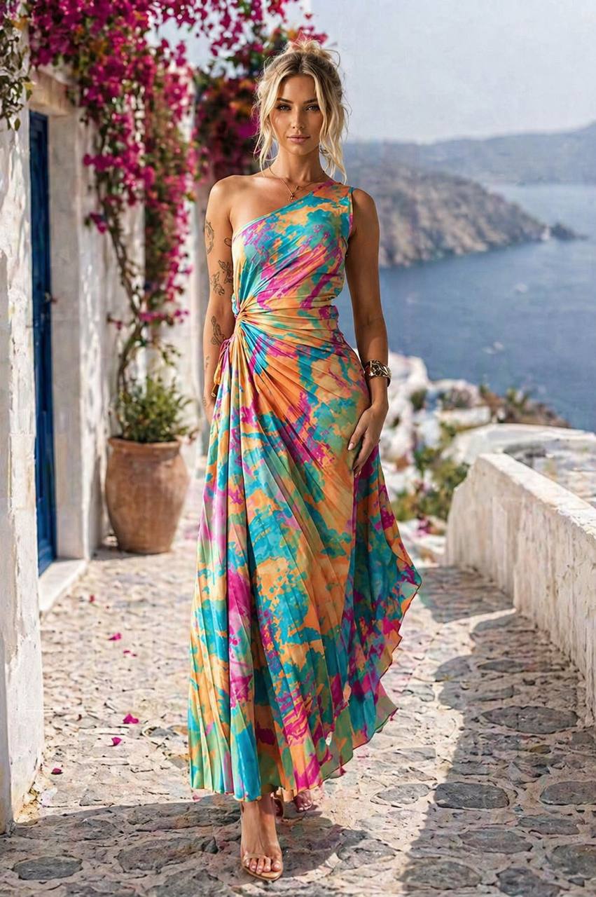 Women's One Shoulder Cut Out Printed Maxi Dress