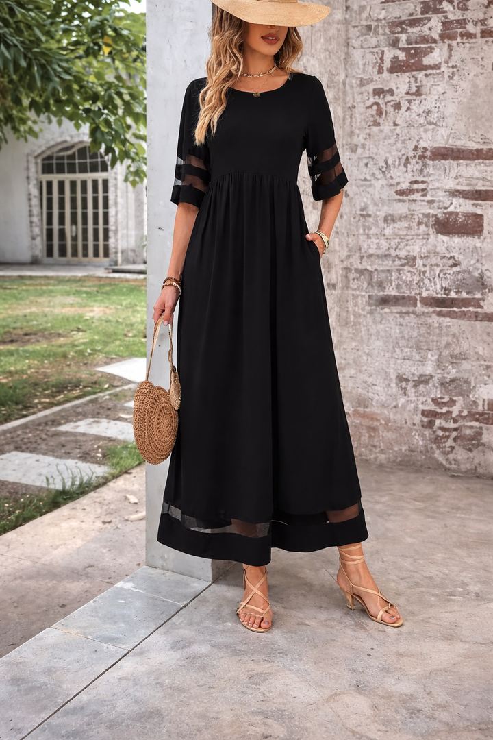 Long Sleeve Maxi Dress –  Sheer Sleeve and Hem Details