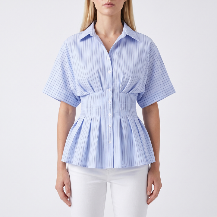 Striped Button Down Blouse – Short Sleeve Smocked Waist