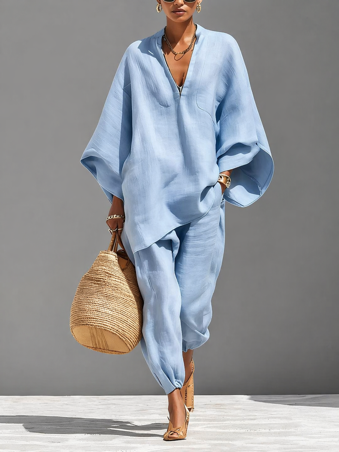 Women's Oversized Linen Batwing Lounge Set
