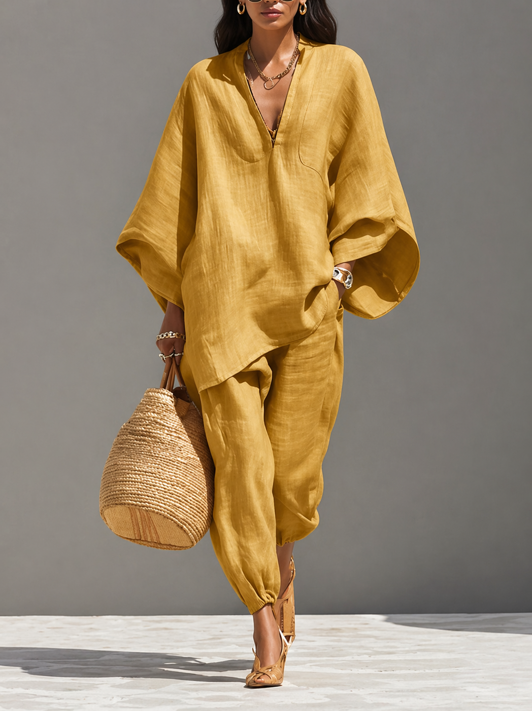 Women's Oversized Linen Batwing Lounge Set