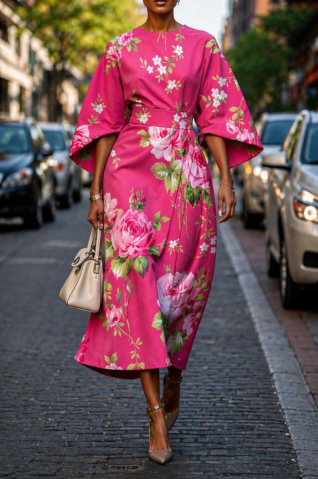 Floral Puff Sleeve Belted Midi Dress -  Tie Waist A-Line Dress with Round Neck