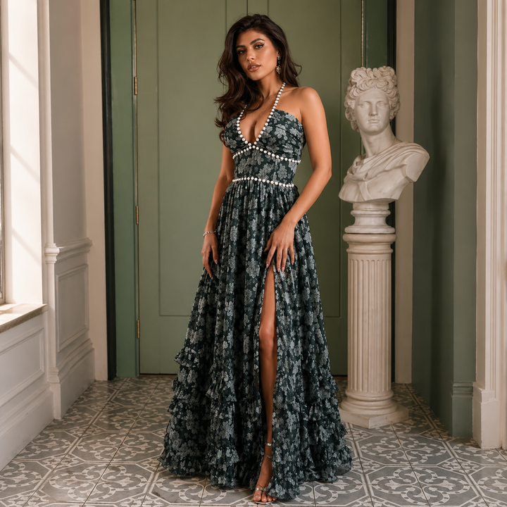 Women's Floral Plunge Ruffle Maxi Dress