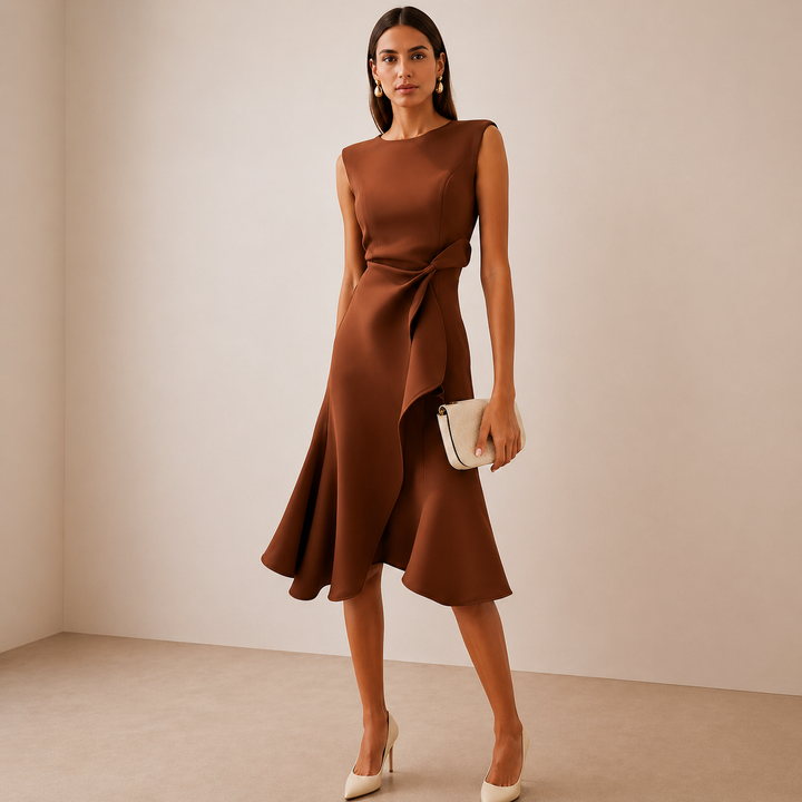 Women's Sleeveless Ruffle Hem Sculpted Waist Wrap Midi Dress
