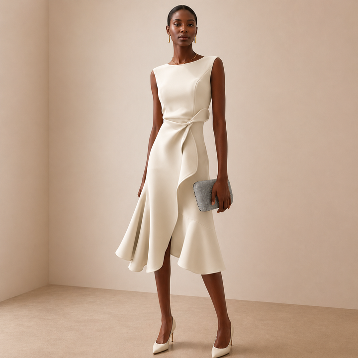 Women's Sleeveless Ruffle Hem Sculpted Waist Wrap Midi Dress