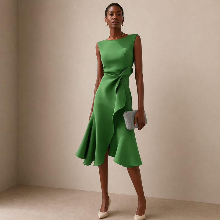 Women's Sleeveless Ruffle Hem Sculpted Waist Wrap Midi Dress