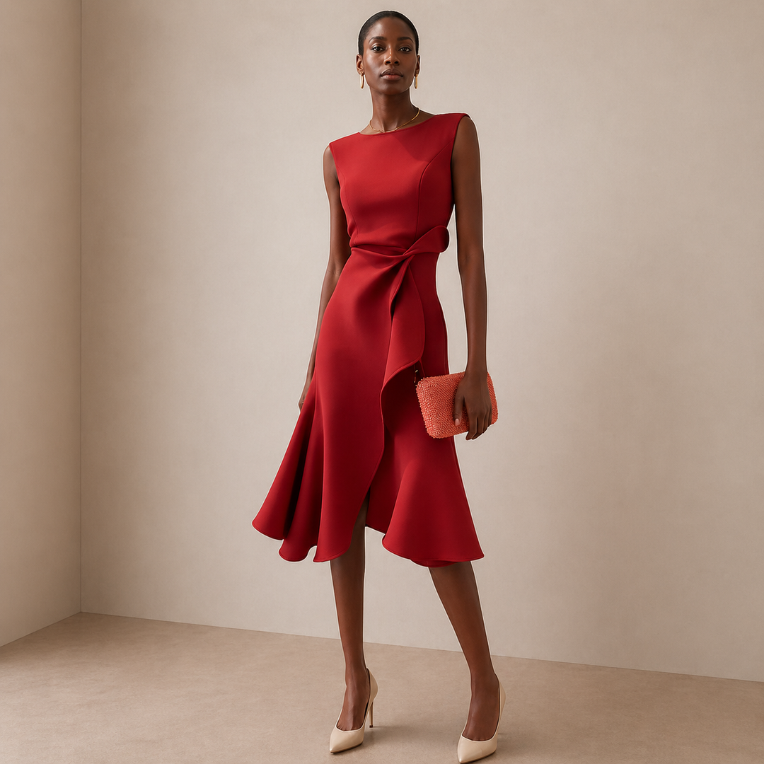Women's Sleeveless Ruffle Hem Sculpted Waist Wrap Midi Dress