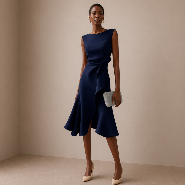 Women's Sleeveless Ruffle Hem Sculpted Waist Wrap Midi Dress