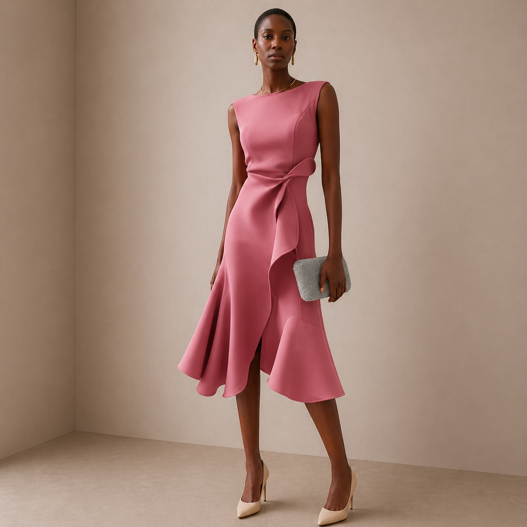 Women's Sleeveless Ruffle Hem Sculpted Waist Wrap Midi Dress