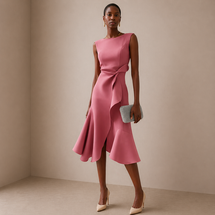 Women's Sleeveless Ruffle Hem Sculpted Waist Wrap Midi Dress