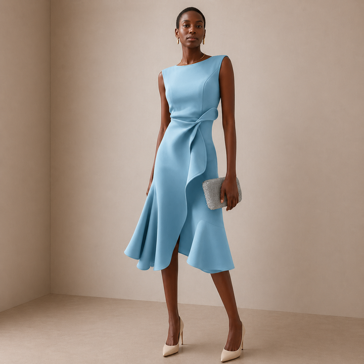 Women's Sleeveless Ruffle Hem Sculpted Waist Wrap Midi Dress