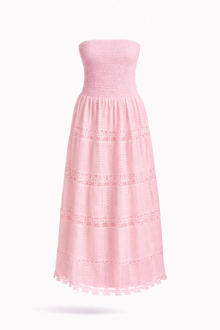 Strapless Maxi Dress – Smocked Bodice with Eyelet Lace Detail and Tiered Flowy Skirt