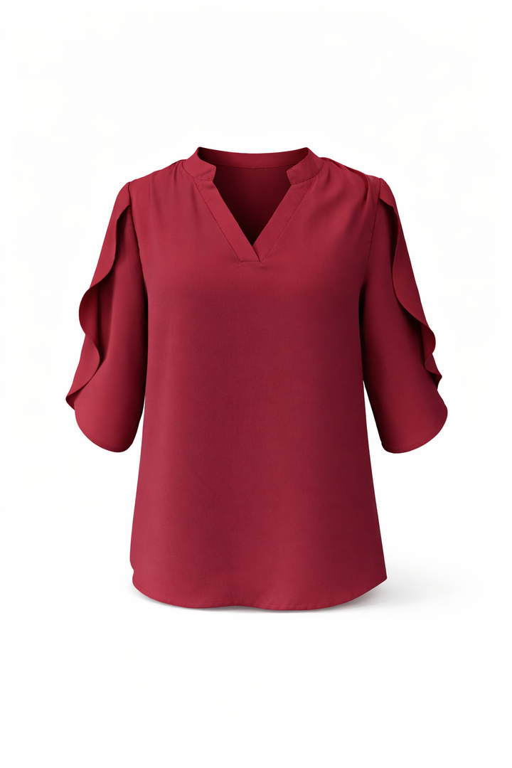 Chiffon Style V-Neck Blouse - 3/4 Sleeve Flared Design