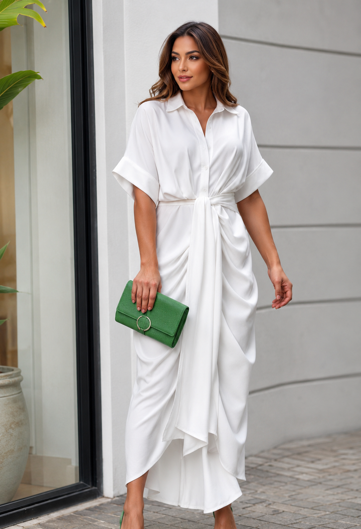 Women's Draped Midi Dress with Waist Tie