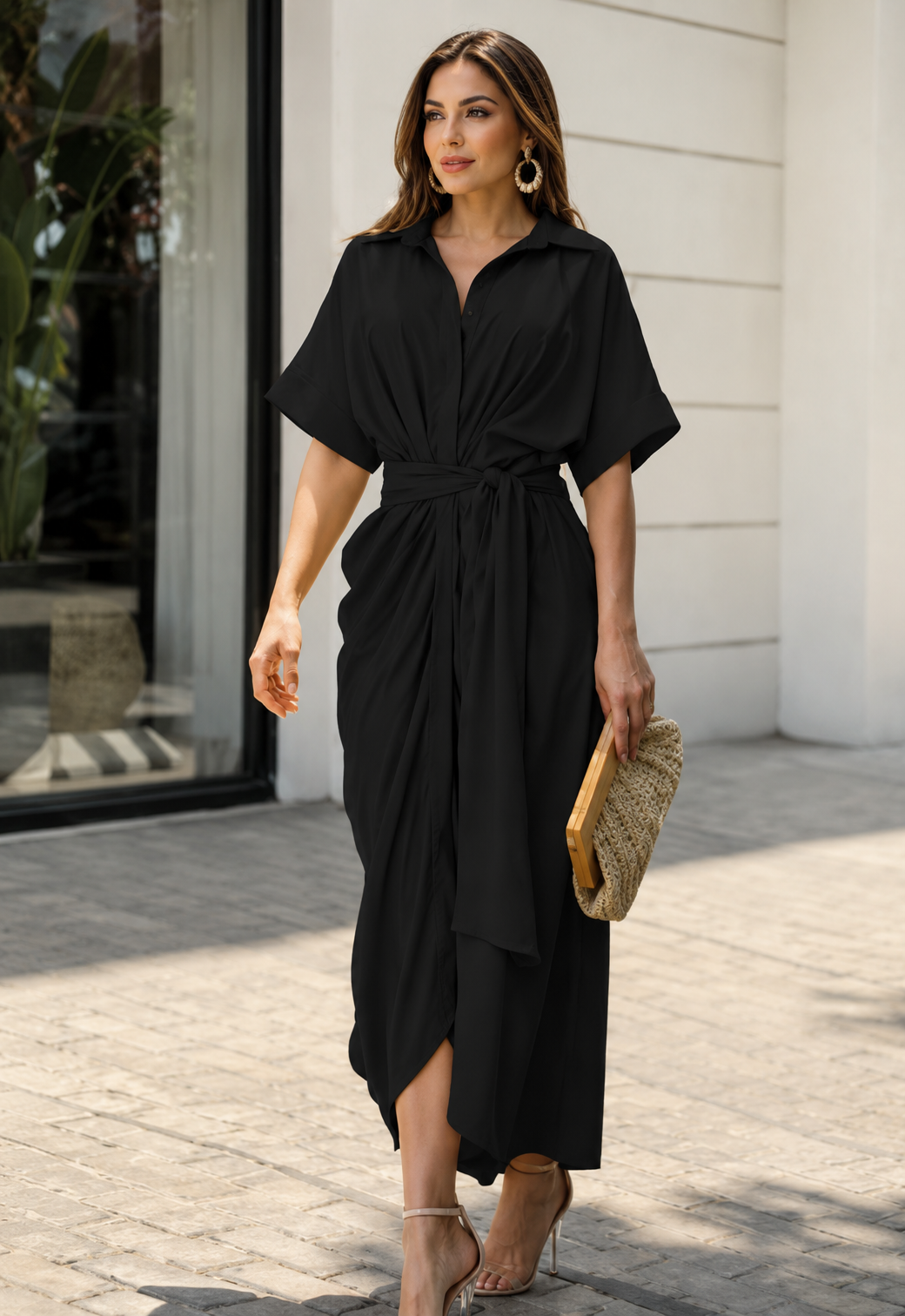 Women's Draped Midi Dress with Waist Tie