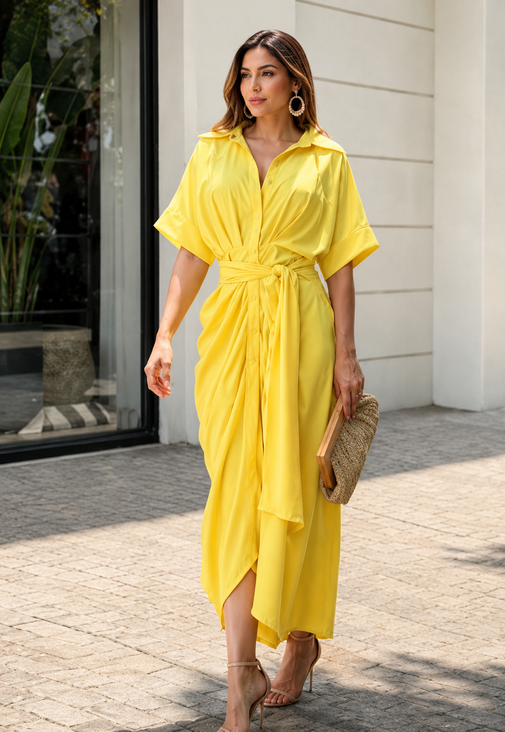 Women's Draped Midi Dress with Waist Tie
