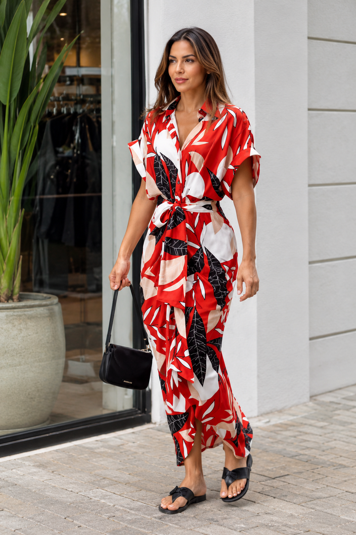 Women's Floral Belted Maxi Shirt Dress