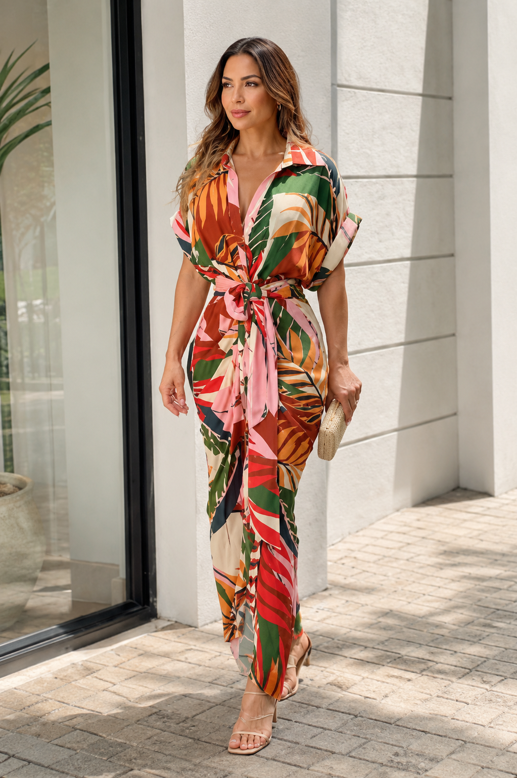 Women's Floral Belted Maxi Shirt Dress