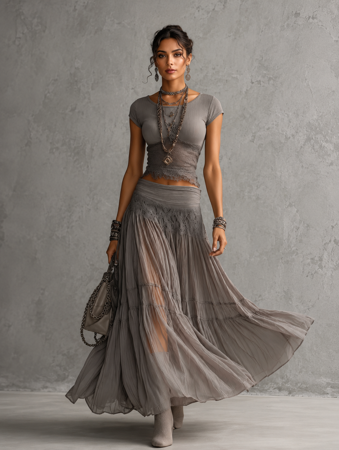 Women's Boho Tiered Chiffon Maxi Skirt Set