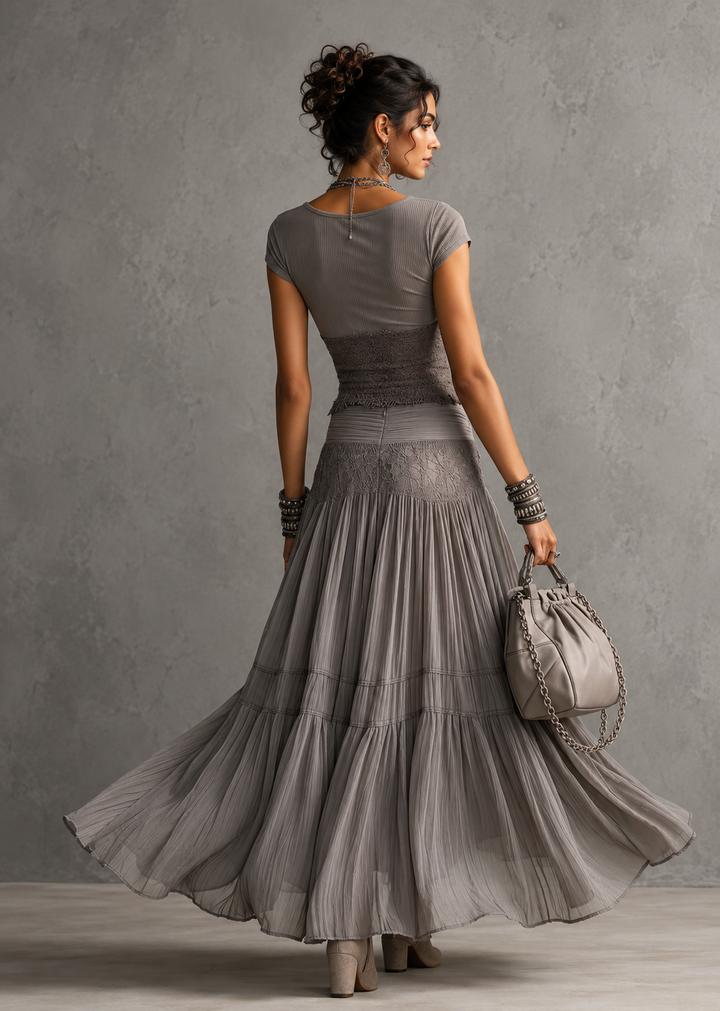 Women's Boho Tiered Chiffon Maxi Skirt Set