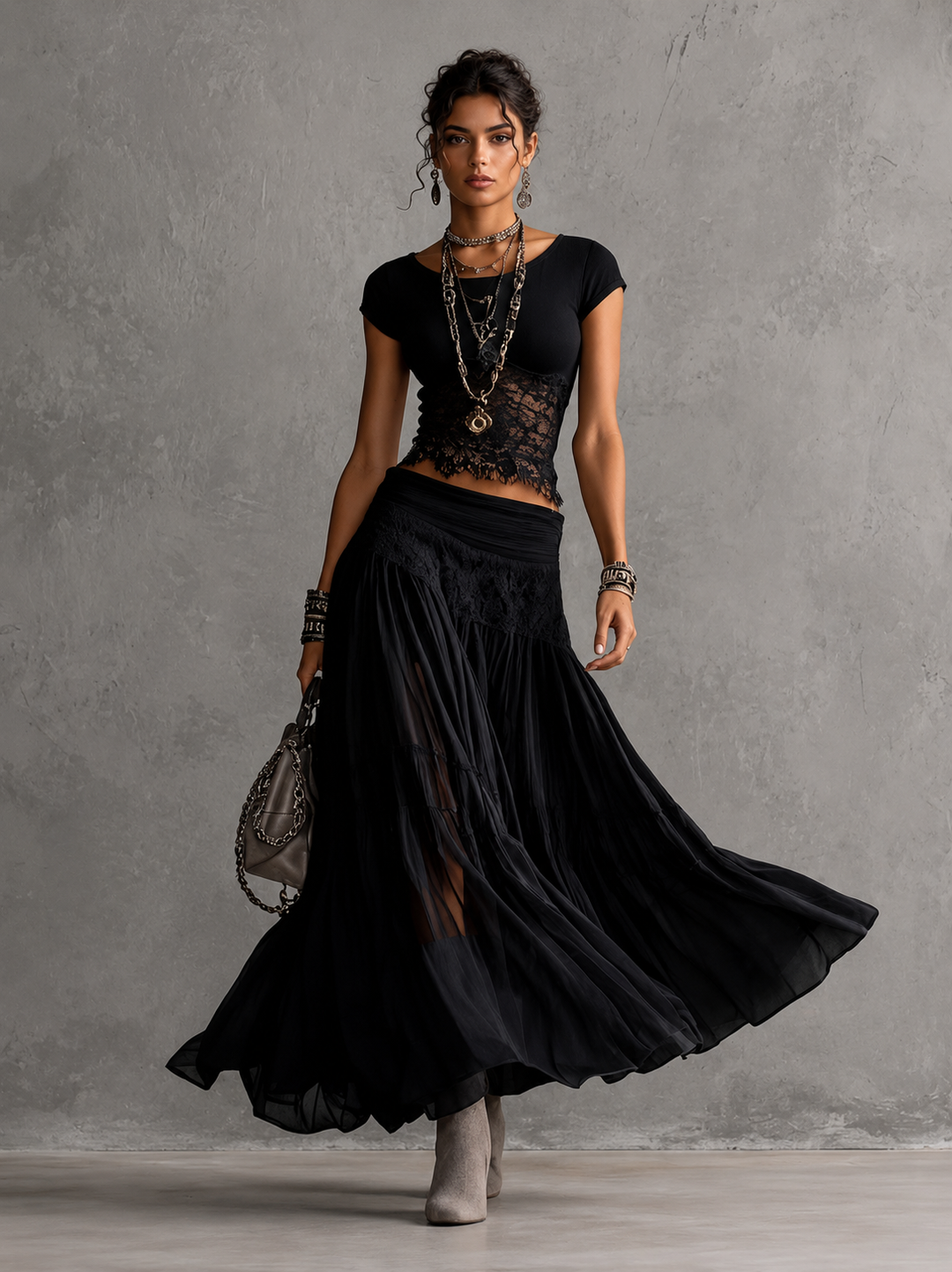 Women's Boho Tiered Chiffon Maxi Skirt Set