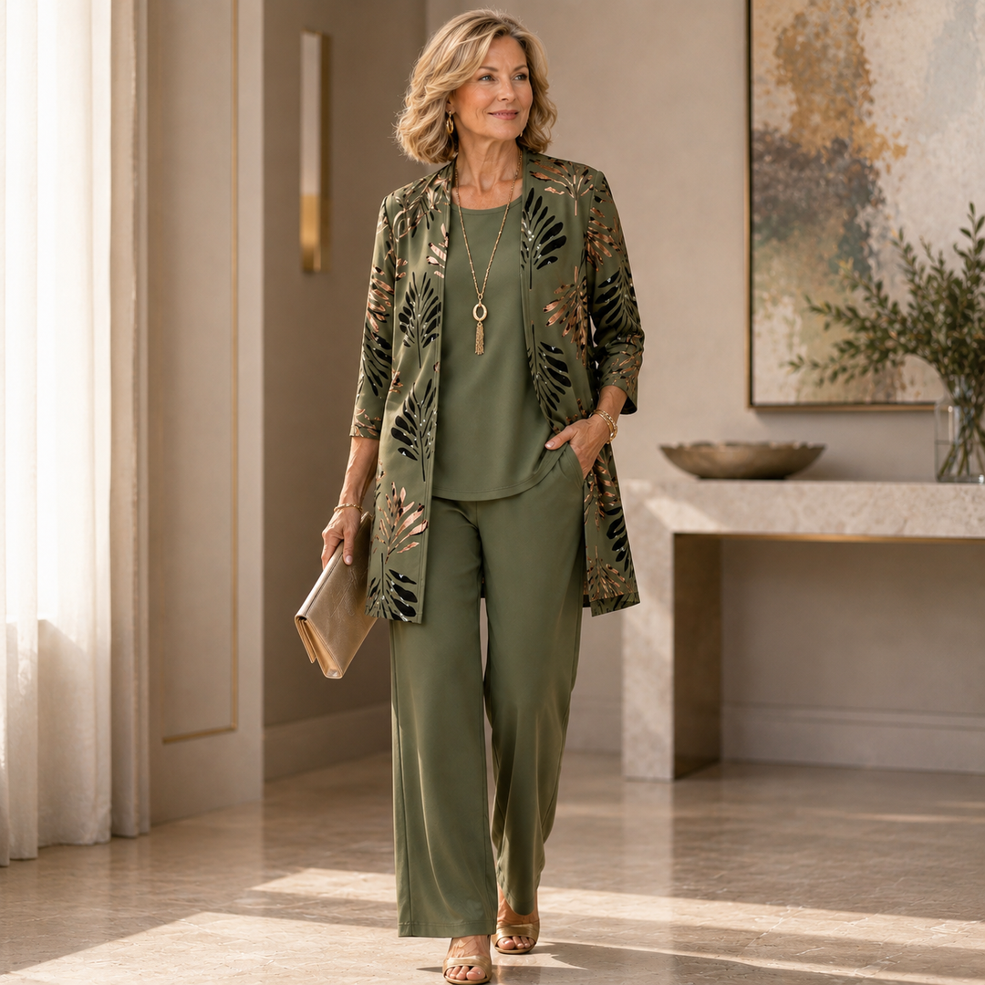 Women's Three Piece Casual Trouser Set with Printed Cardigan