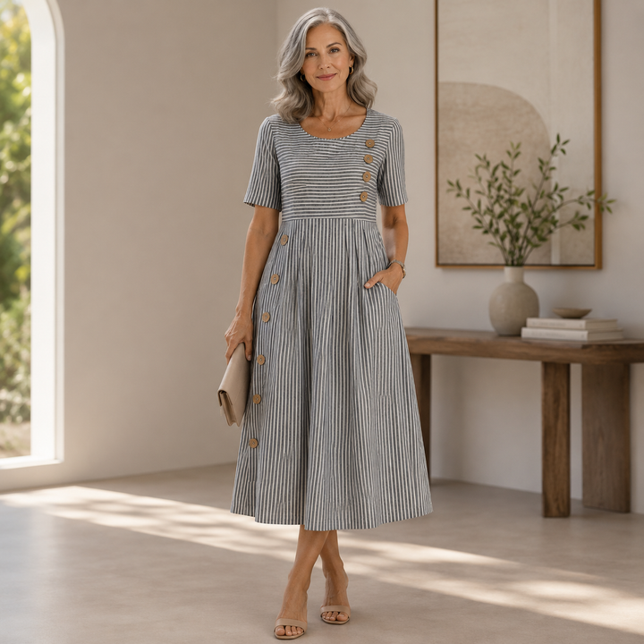 Ribbed Midi Dress – Short Sleeve A-Line Dress with Button Detail and Side Pockets