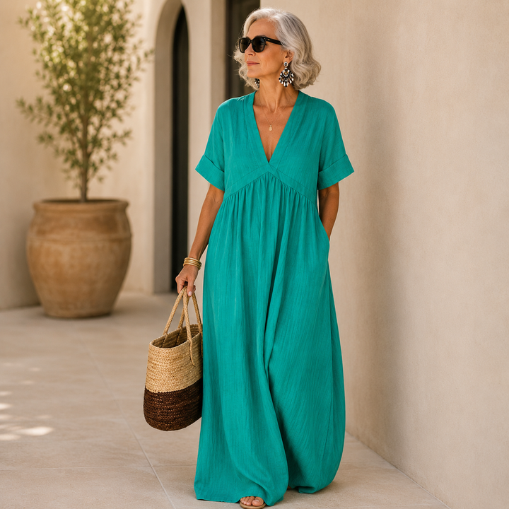 Women's Boho V-Neck Maxi Dress with Pockets