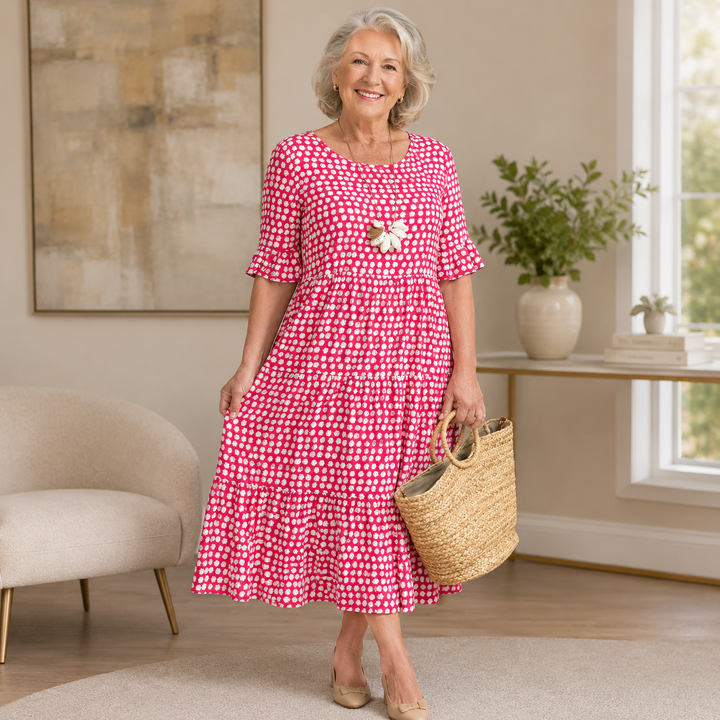 Women's Polka Dot Short Sleeve A-Line Midi Dress