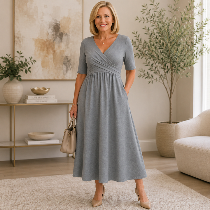 Women's Wrap V Neck Fit & Flare Midi Dress