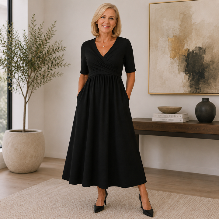 Women's Wrap V Neck Fit & Flare Midi Dress
