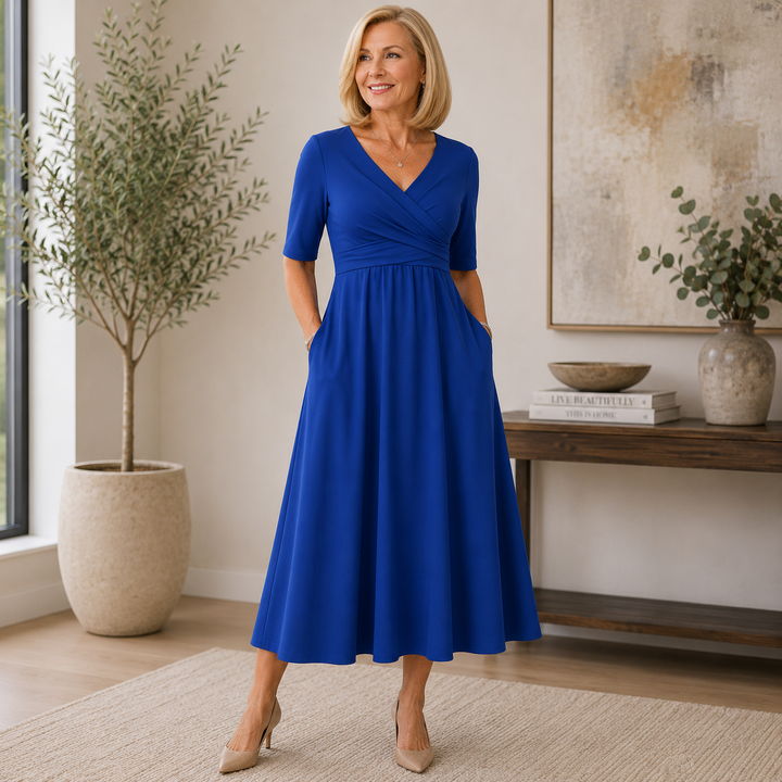 Women's Wrap V Neck Fit & Flare Midi Dress
