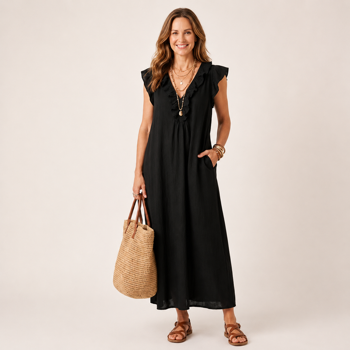 Women's Linen Sleeveless Ruffle Maxi Dress