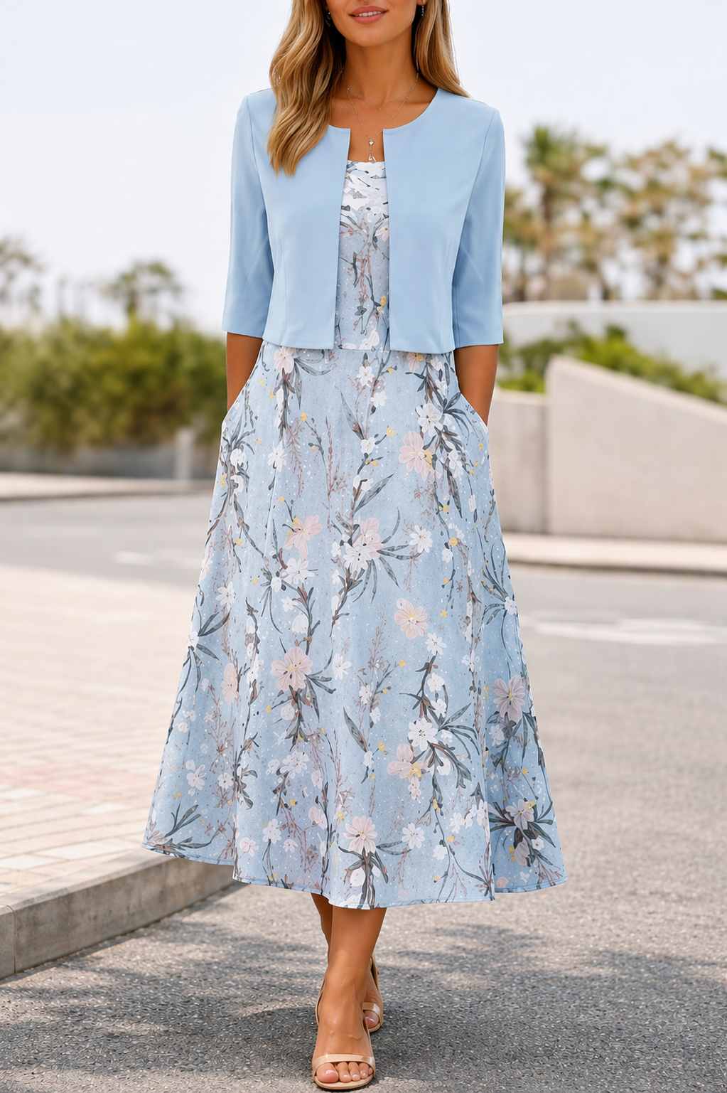 Women's Floral Long A-Line Dress Cardigan Set