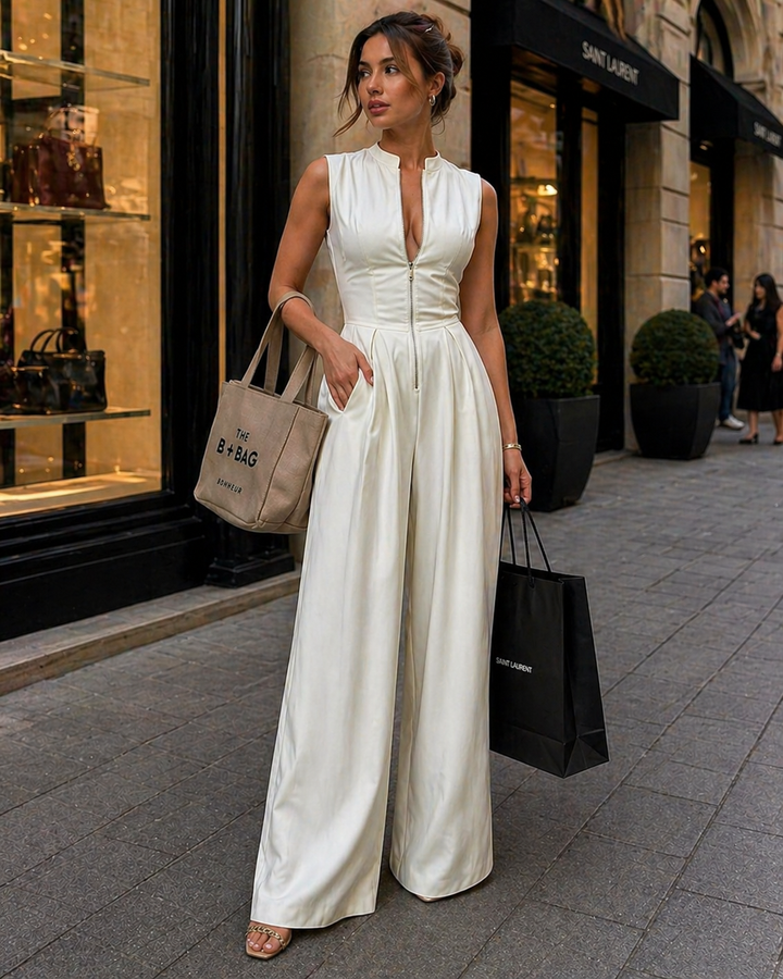Women's Sleeveless Zip Front Wide Leg Jumpsuit