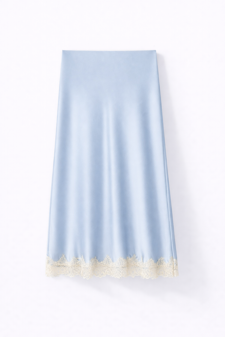 Satin Midi Skirt – Elegant Lace Trim A-Line Design
