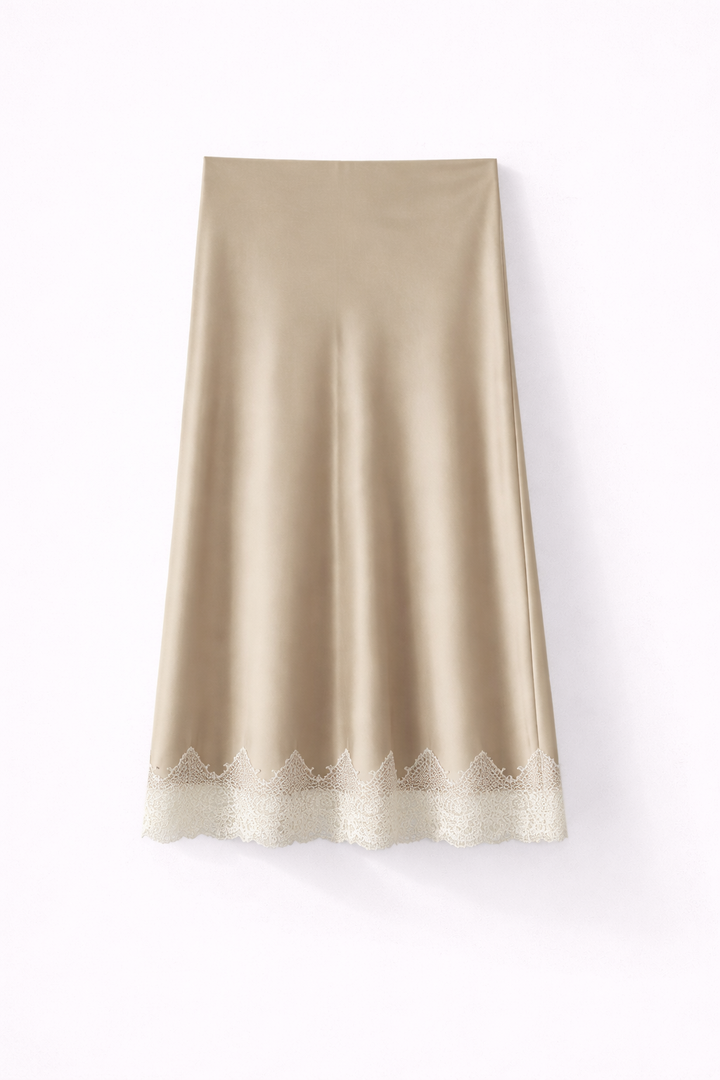 Satin Midi Skirt – Elegant Lace Trim A-Line Design
