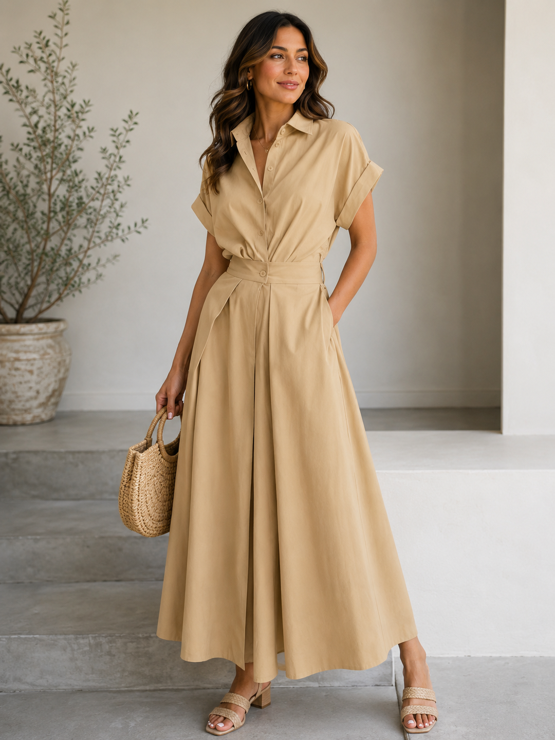 Short Sleeve Collared Maxi Dress with Tie Waist – Elegant A-Line Casual Dress