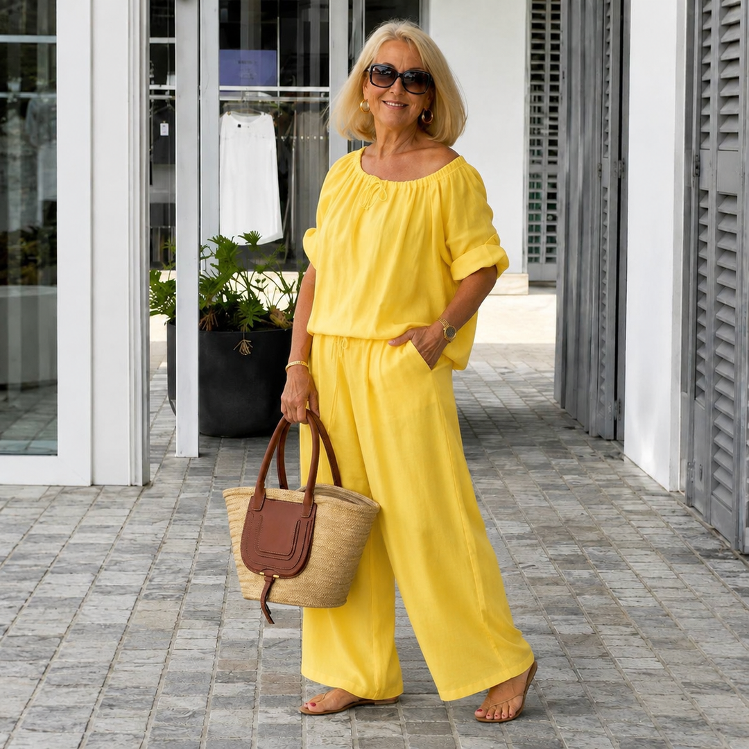 Women's Off Shoulder Linen Lounge Set – Casual Two Piece Wide Leg Outfit