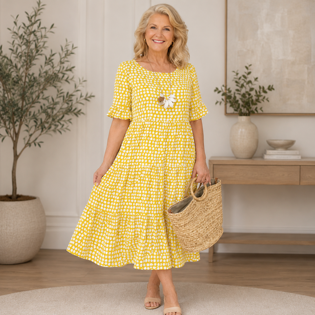 Women's Polka Dot Short Sleeve A-Line Midi Dress