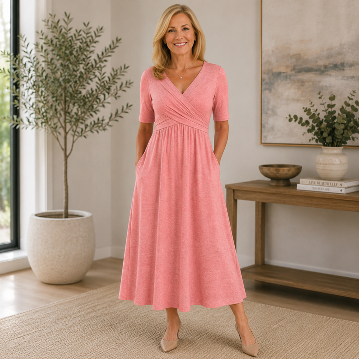 Women's Wrap V Neck Fit & Flare Midi Dress