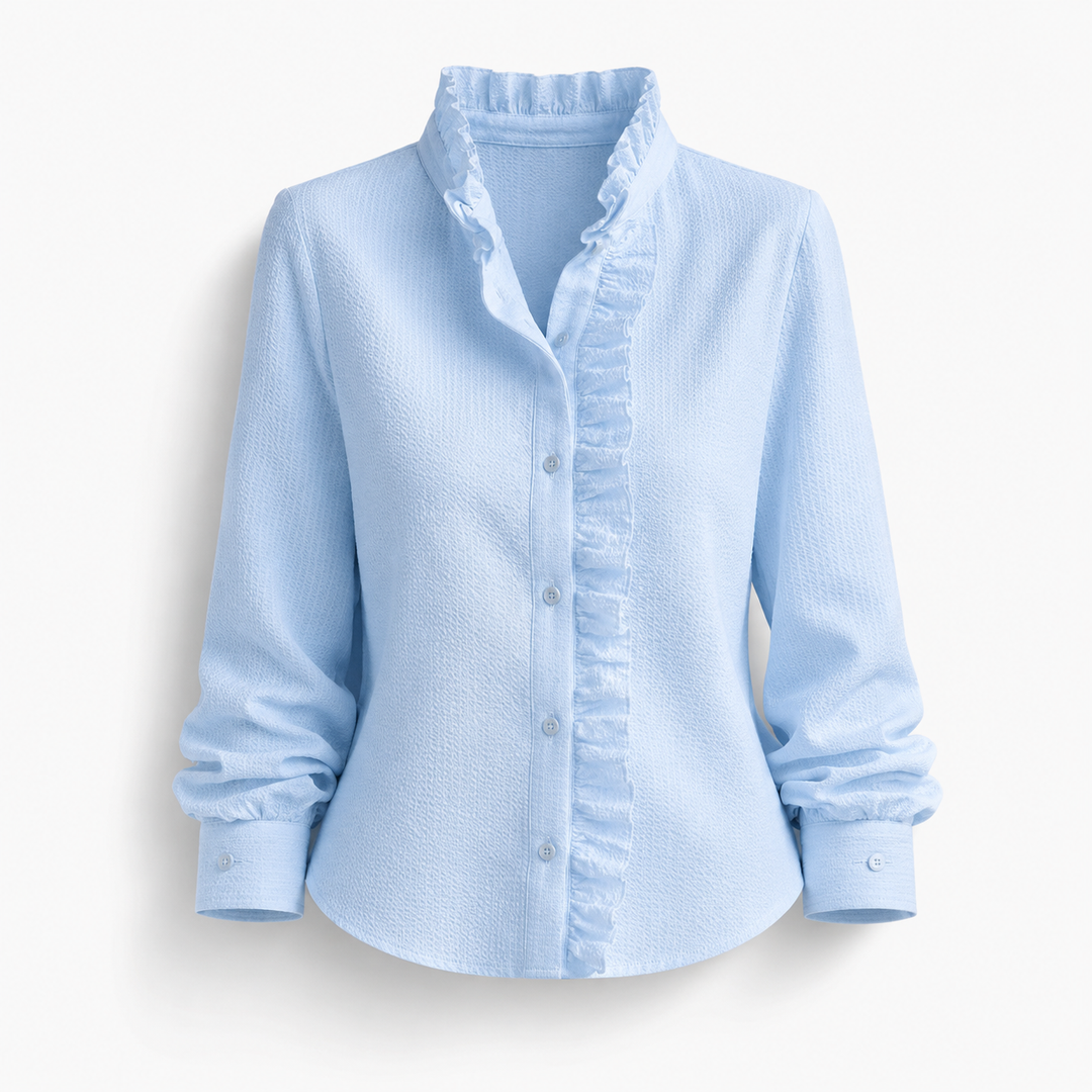 Ruffle Front Blouse – Long Sleeve High Neck Button Shirt
