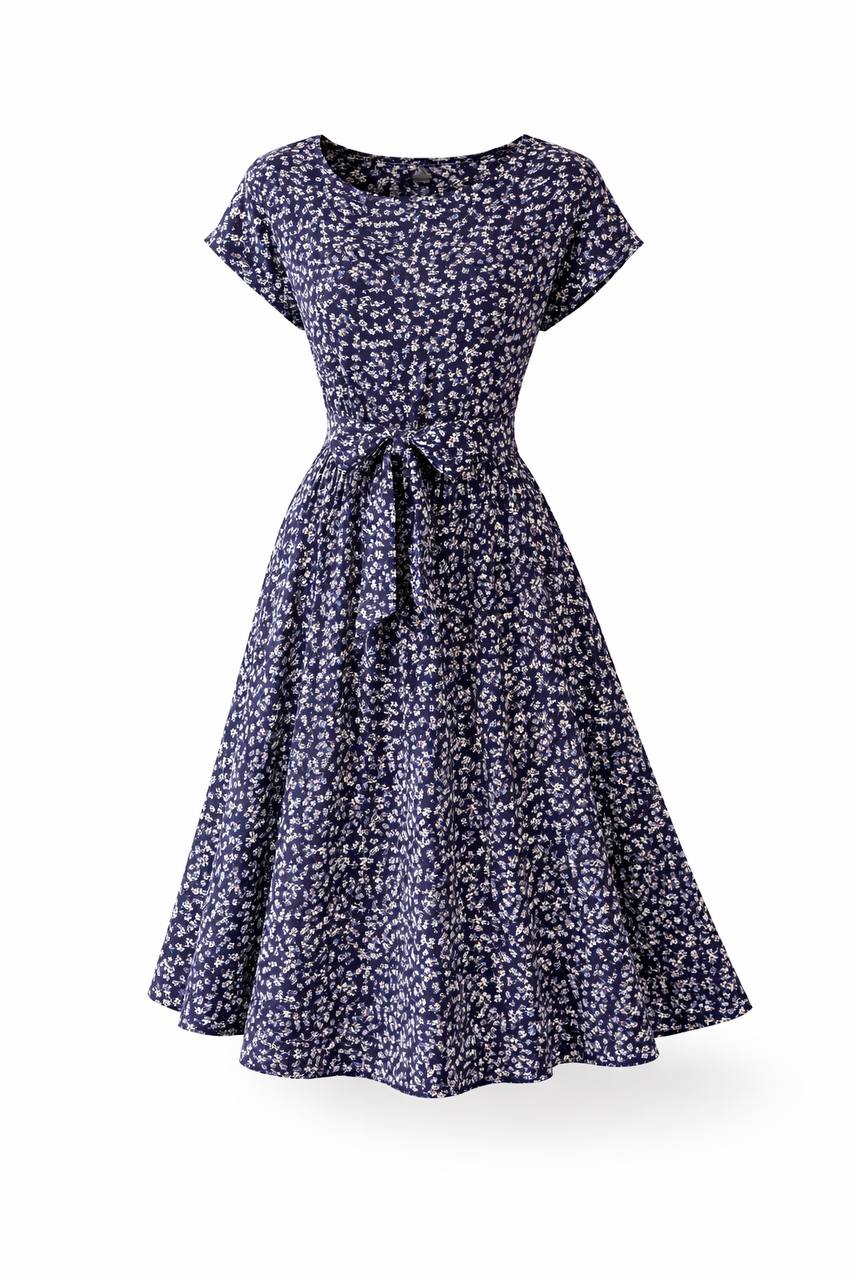 Floral Midi Dress – Short Sleeve Tie Waist A-Line