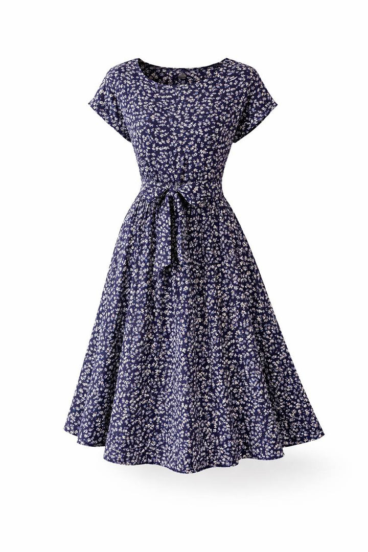 Floral Midi Dress – Short Sleeve Tie Waist A-Line