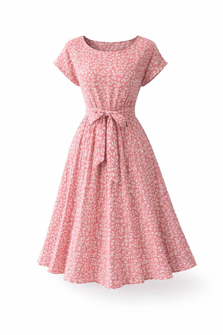 Floral Midi Dress – Short Sleeve Tie Waist A-Line