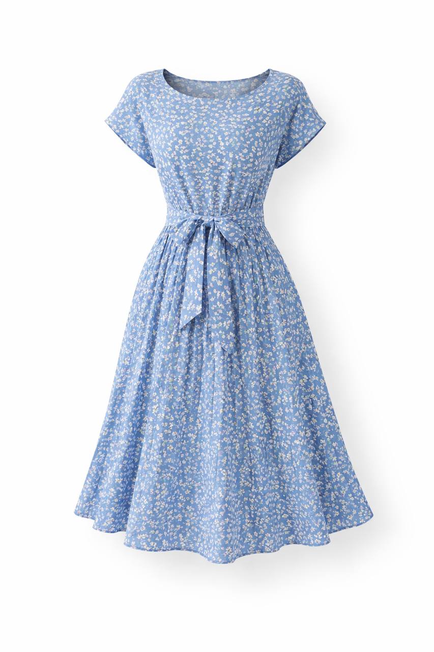 Floral Midi Dress – Short Sleeve Tie Waist A-Line
