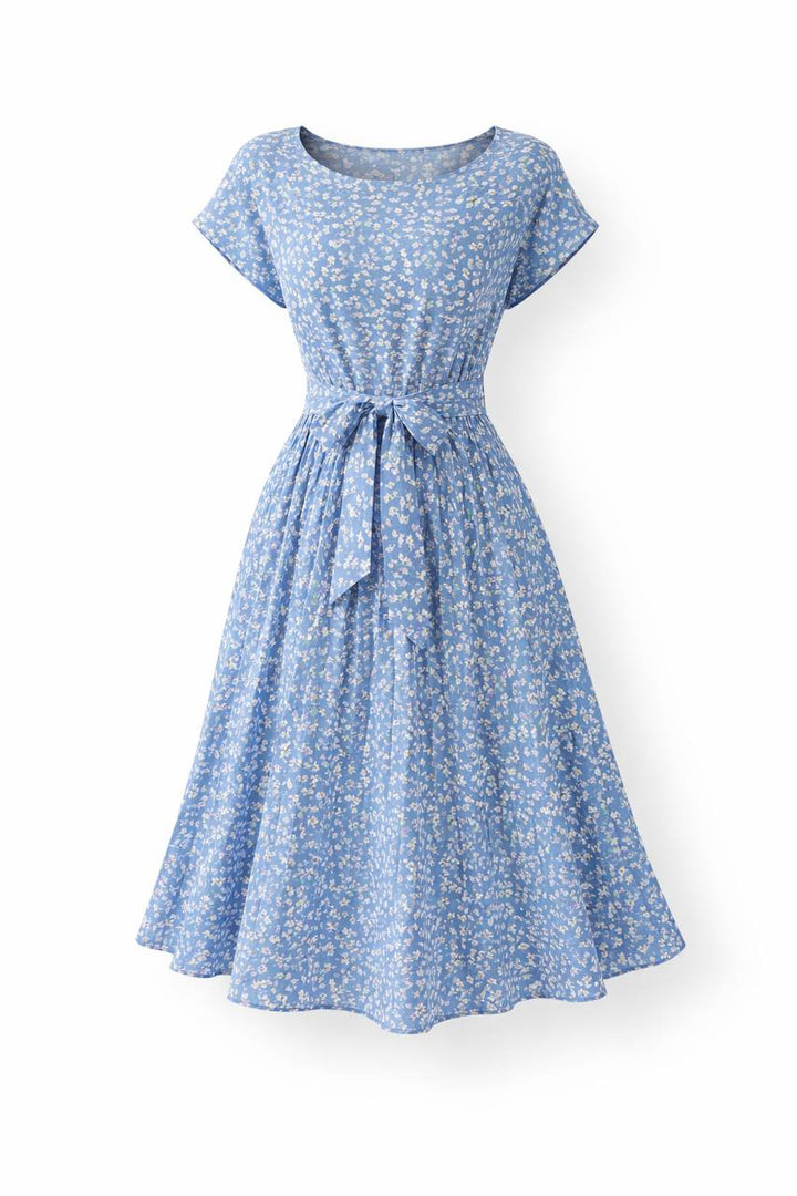 Floral Midi Dress – Short Sleeve Tie Waist A-Line